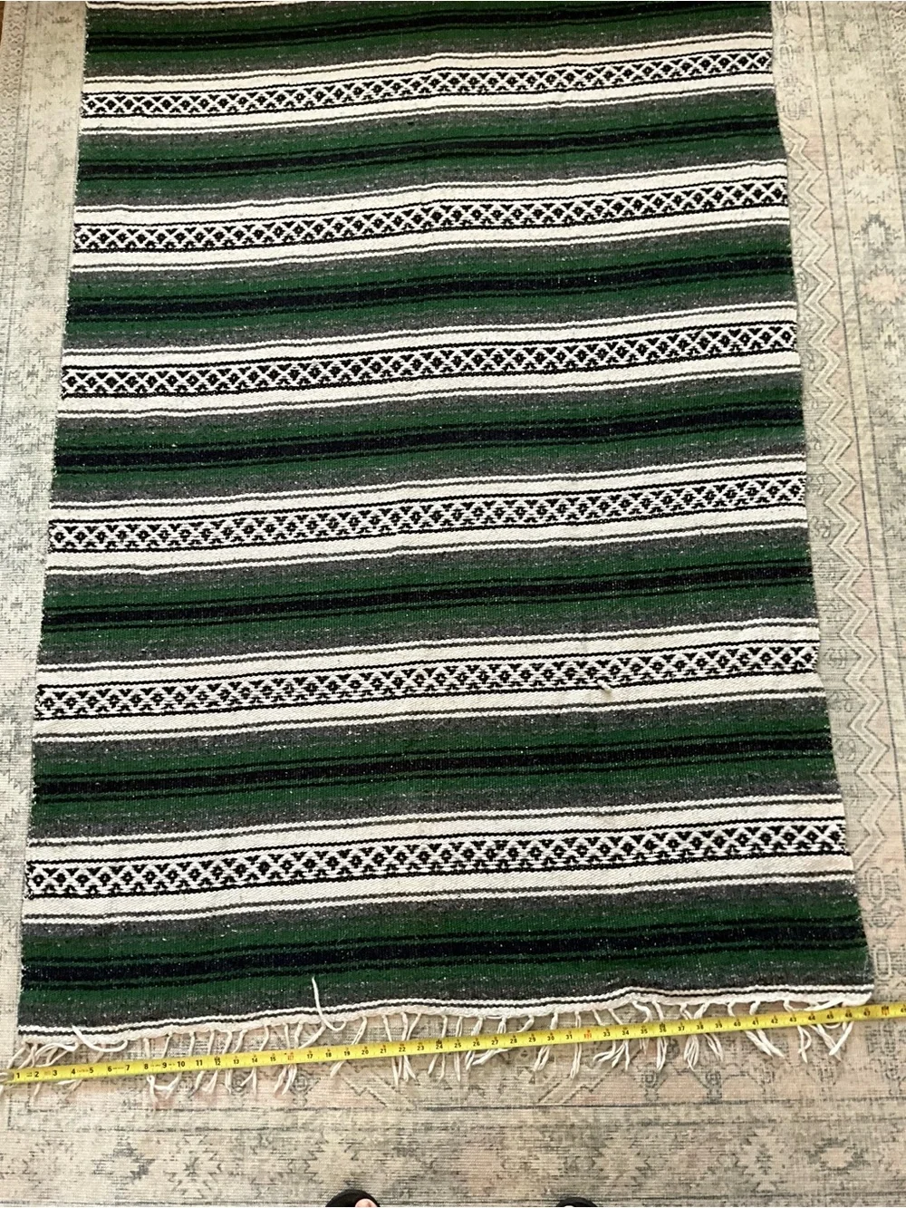 Mexican Serape Throw Blanket Woven Striped Green Black White with Fringe